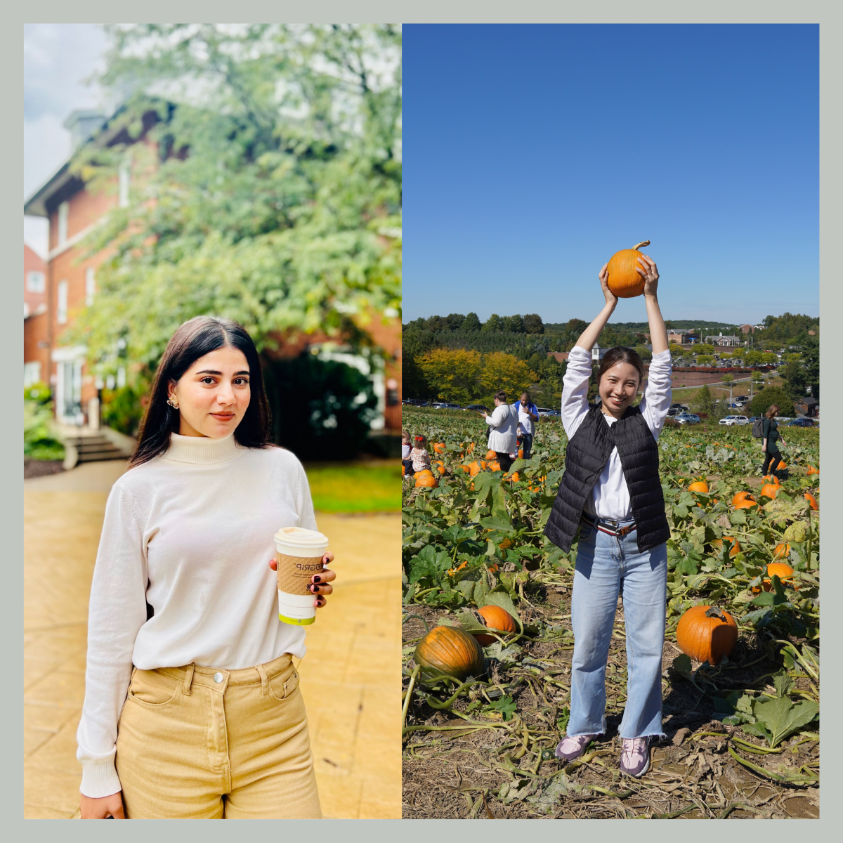 两张照片并排, a young woman holding a pumpkin in a field and another young woman holding a coffee cup on 冰球突破mg登录网址